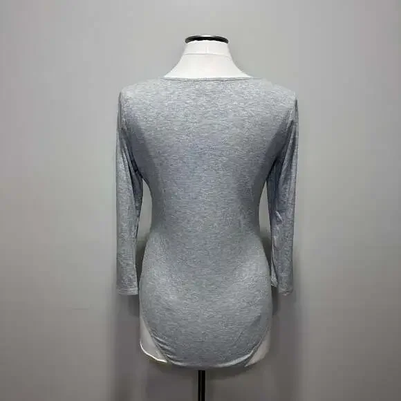 Kaileigh Estelle Square Neck Knit Long Sleeve Bodysuit Gray, Sz L - Picture 6 of 8